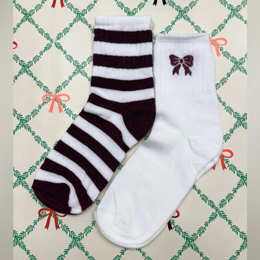 Striped & Bow Crew Socks Set | White & Burgundy | Cute Everyday Socks
